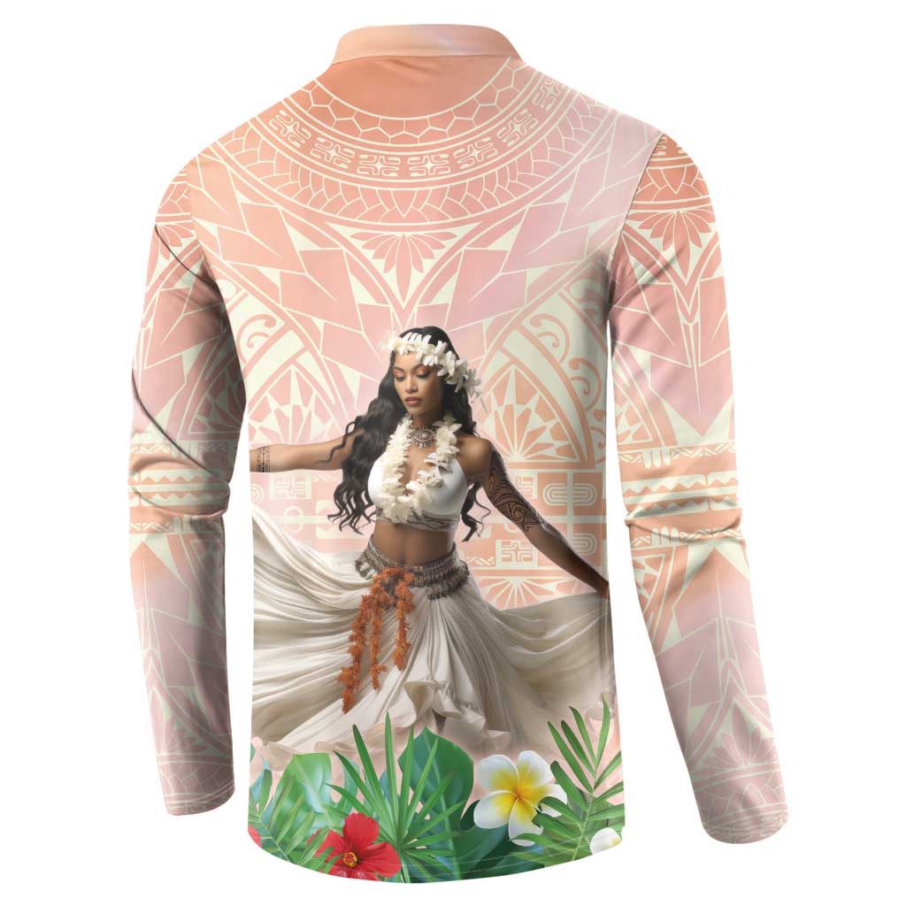 Woman Polynesian Tattoos Button Sweatshirt Tropical Flower - Peach Fuzz Color
