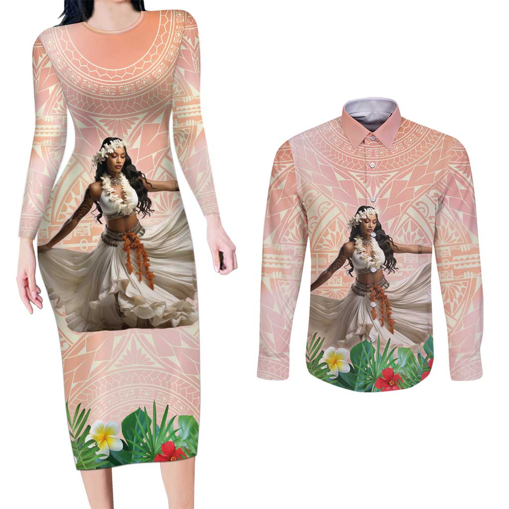 Woman Polynesian Tattoos Couples Matching Long Sleeve Bodycon Dress and Long Sleeve Button Shirt Tropical Flower - Peach Fuzz Color LT03 Peach Fuzz - Polynesian Pride