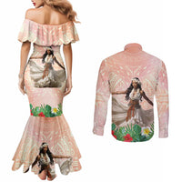 Woman Polynesian Tattoos Couples Matching Mermaid Dress and Long Sleeve Button Shirt Tropical Flower - Peach Fuzz Color LT03 - Polynesian Pride