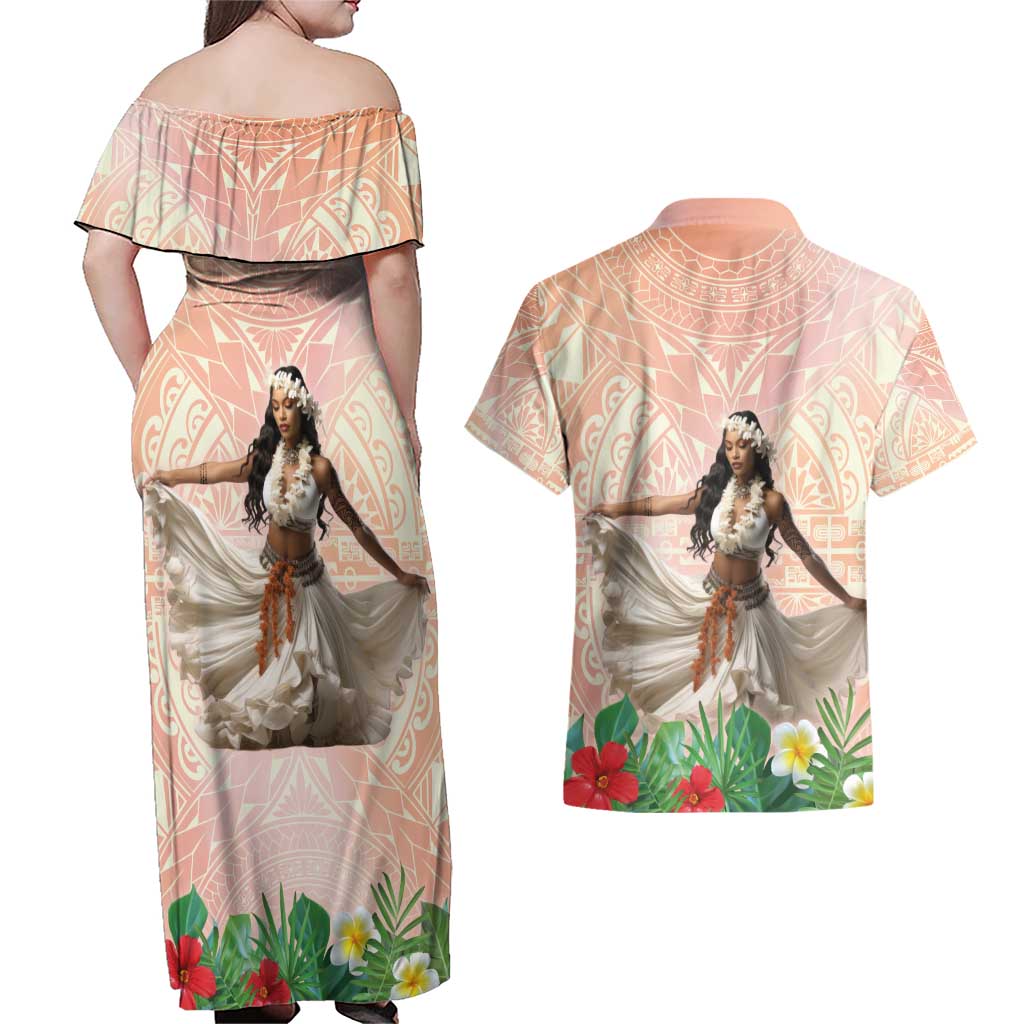 Woman Polynesian Tattoos Couples Matching Off Shoulder Maxi Dress and Hawaiian Shirt Tropical Flower - Peach Fuzz Color LT03 - Polynesian Pride