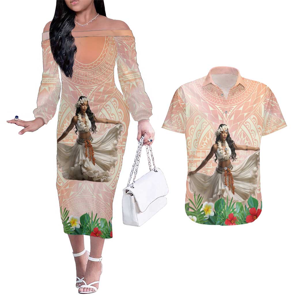 Woman Polynesian Tattoos Couples Matching Off The Shoulder Long Sleeve Dress and Hawaiian Shirt Tropical Flower - Peach Fuzz Color LT03 Peach Fuzz - Polynesian Pride