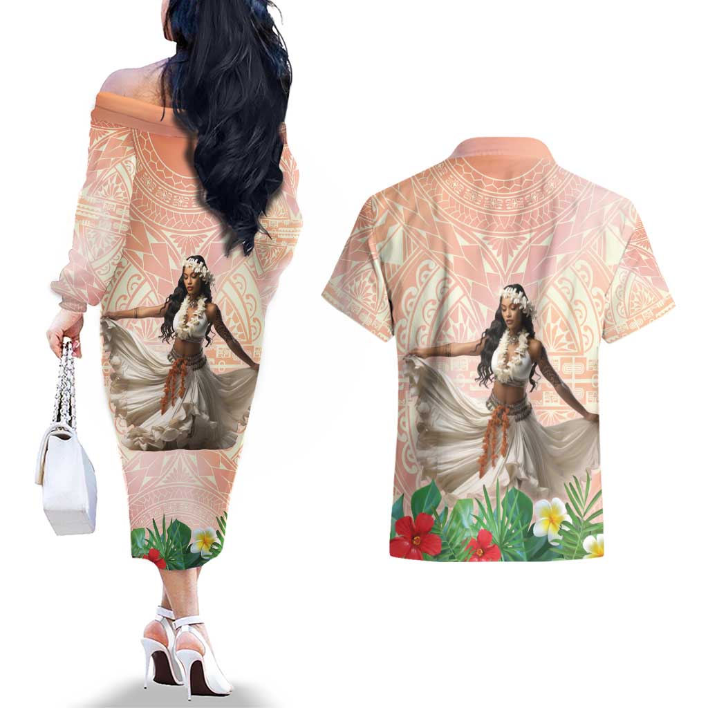 Woman Polynesian Tattoos Couples Matching Off The Shoulder Long Sleeve Dress and Hawaiian Shirt Tropical Flower - Peach Fuzz Color LT03 - Polynesian Pride