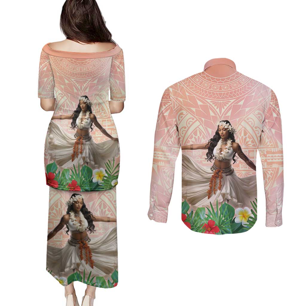 Woman Polynesian Tattoos Couples Matching Puletasi and Long Sleeve Button Shirt Tropical Flower - Peach Fuzz Color LT03 - Polynesian Pride