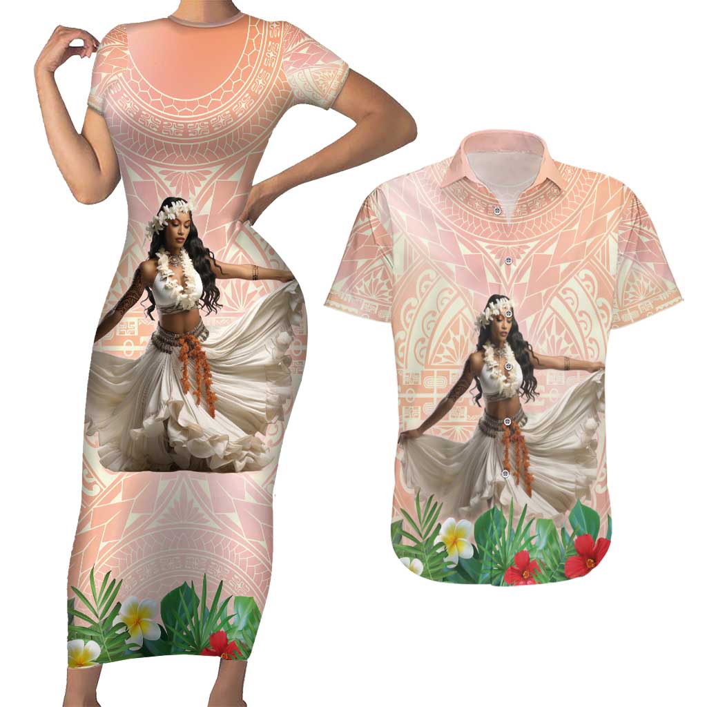Woman Polynesian Tattoos Couples Matching Short Sleeve Bodycon Dress and Hawaiian Shirt Tropical Flower - Peach Fuzz Color LT03 Peach Fuzz - Polynesian Pride