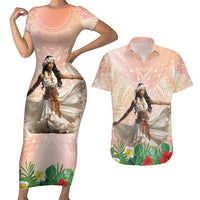Woman Polynesian Tattoos Couples Matching Short Sleeve Bodycon Dress and Hawaiian Shirt Tropical Flower - Peach Fuzz Color LT03 Peach Fuzz - Polynesian Pride