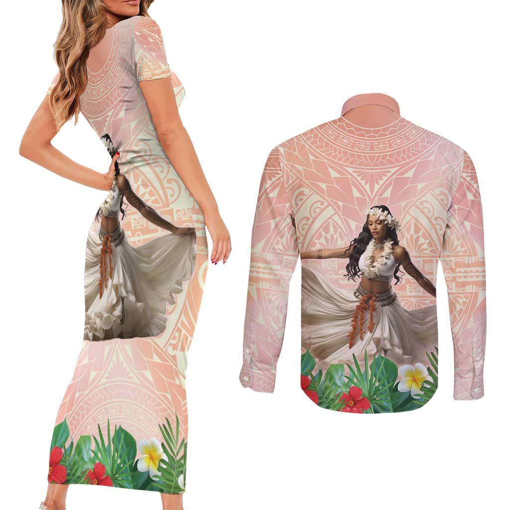 Woman Polynesian Tattoos Couples Matching Short Sleeve Bodycon Dress and Long Sleeve Button Shirt Tropical Flower - Peach Fuzz Color LT03 - Polynesian Pride