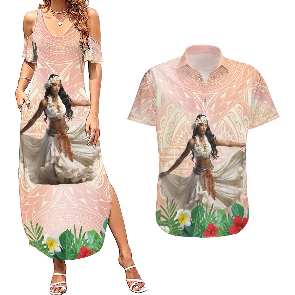 Woman Polynesian Tattoos Couples Matching Summer Maxi Dress and Hawaiian Shirt Tropical Flower - Peach Fuzz Color LT03 Peach Fuzz - Polynesian Pride