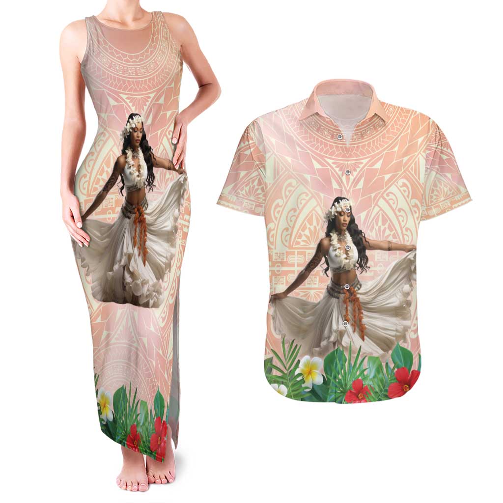 Woman Polynesian Tattoos Couples Matching Tank Maxi Dress and Hawaiian Shirt Tropical Flower - Peach Fuzz Color LT03 Peach Fuzz - Polynesian Pride