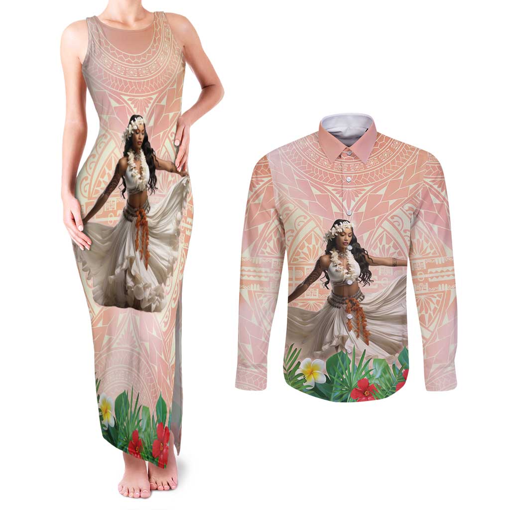 Woman Polynesian Tattoos Couples Matching Tank Maxi Dress and Long Sleeve Button Shirt Tropical Flower - Peach Fuzz Color LT03 Peach Fuzz - Polynesian Pride
