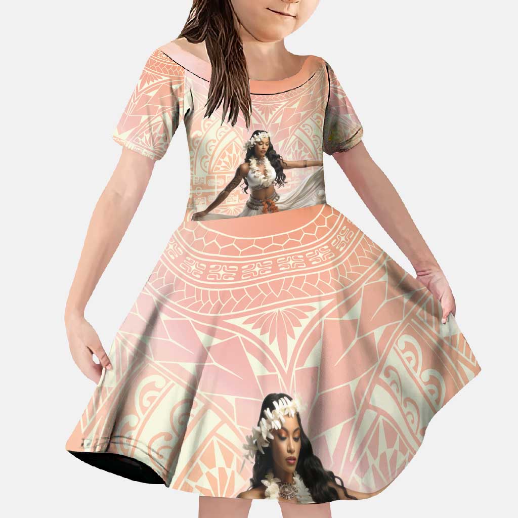 Woman Polynesian Tattoos Family Matching Mermaid Dress and Hawaiian Shirt Tropical Flower - Peach Fuzz Color LT03 Daughter's Dress Peach Fuzz - Polynesian Pride