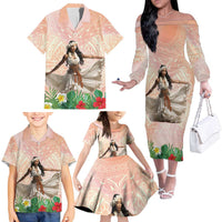 Woman Polynesian Tattoos Family Matching Off The Shoulder Long Sleeve Dress and Hawaiian Shirt Tropical Flower - Peach Fuzz Color LT03 - Polynesian Pride