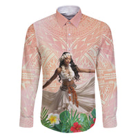 Woman Polynesian Tattoos Family Matching Off The Shoulder Long Sleeve Dress and Hawaiian Shirt Tropical Flower - Peach Fuzz Color LT03 Dad's Shirt - Long Sleeve Peach Fuzz - Polynesian Pride