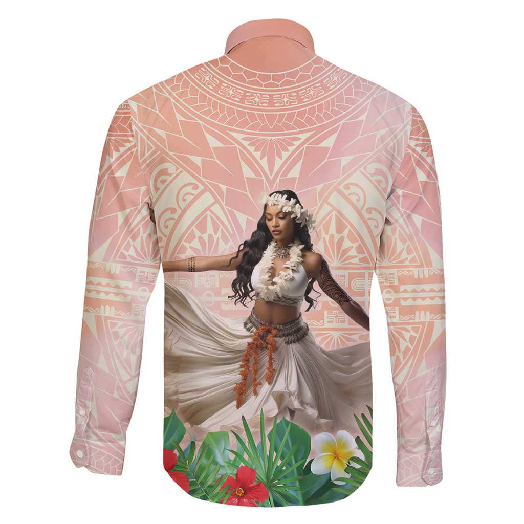 Woman Polynesian Tattoos Family Matching Off Shoulder Short Dress and Hawaiian Shirt Tropical Flower - Peach Fuzz Color LT03 - Polynesian Pride