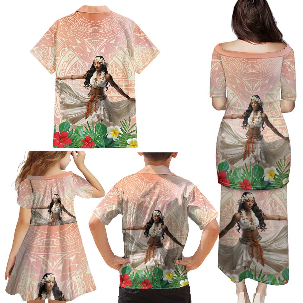 Woman Polynesian Tattoos Family Matching Puletasi and Hawaiian Shirt Tropical Flower - Peach Fuzz Color LT03 - Polynesian Pride