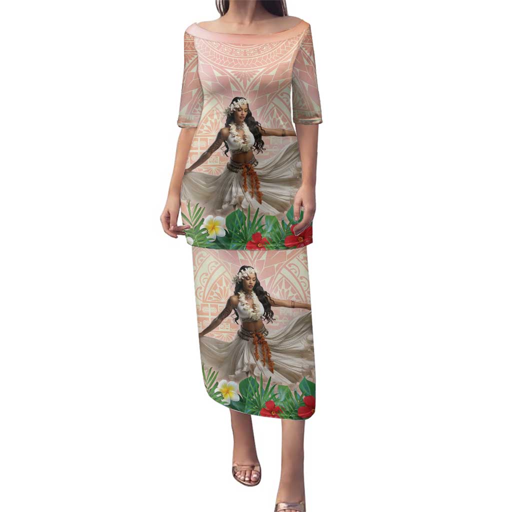Woman Polynesian Tattoos Family Matching Puletasi and Hawaiian Shirt Tropical Flower - Peach Fuzz Color LT03 Mom's Dress Peach Fuzz - Polynesian Pride