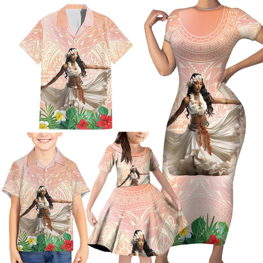 Woman Polynesian Tattoos Family Matching Short Sleeve Bodycon Dress and Hawaiian Shirt Tropical Flower - Peach Fuzz Color LT03 - Polynesian Pride
