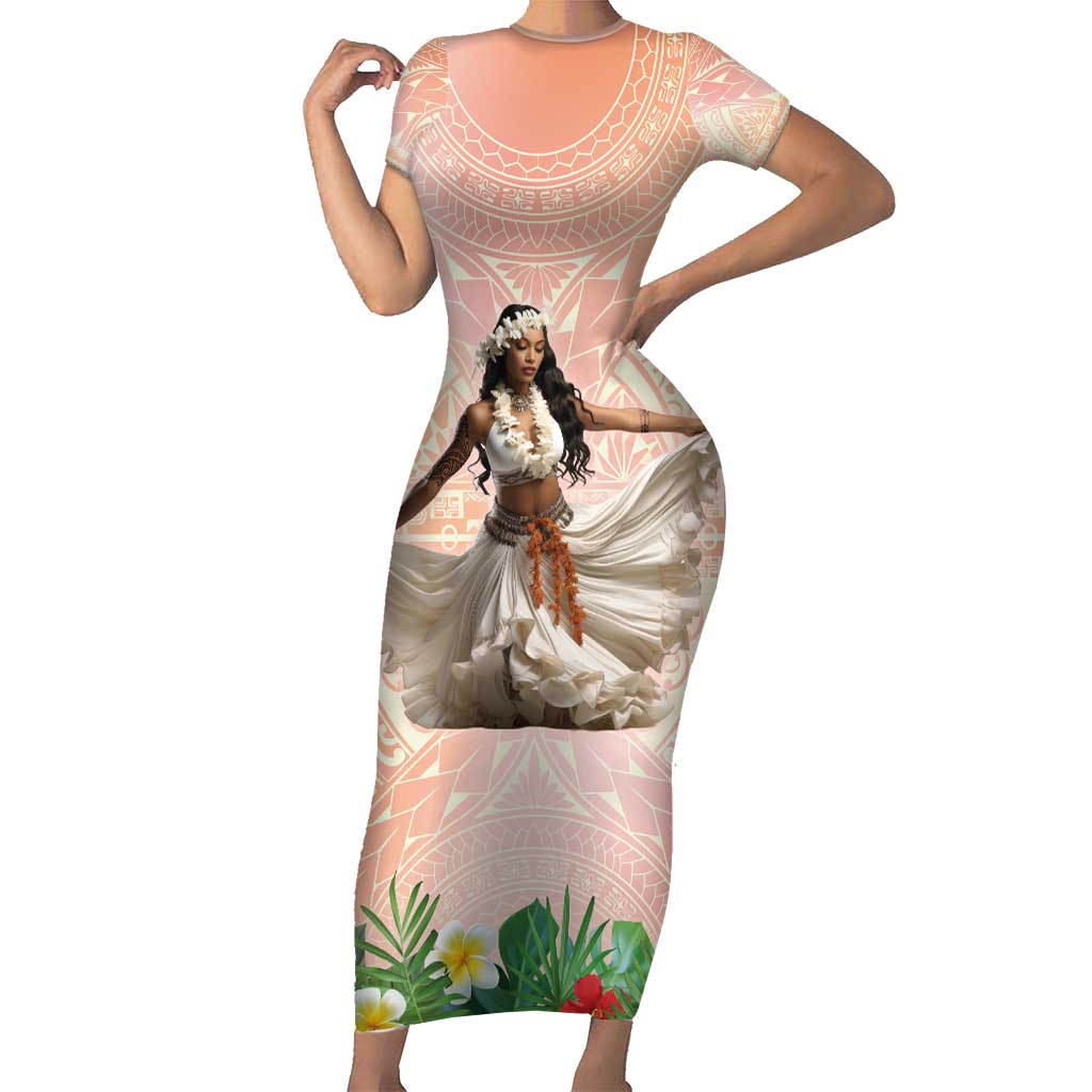 Woman Polynesian Tattoos Family Matching Short Sleeve Bodycon Dress and Hawaiian Shirt Tropical Flower - Peach Fuzz Color LT03 Mom's Dress Peach Fuzz - Polynesian Pride