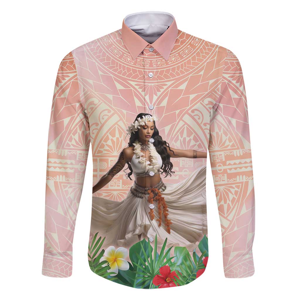 Woman Polynesian Tattoos Family Matching Summer Maxi Dress and Hawaiian Shirt Tropical Flower - Peach Fuzz Color LT03 Dad's Shirt - Long Sleeve Peach Fuzz - Polynesian Pride