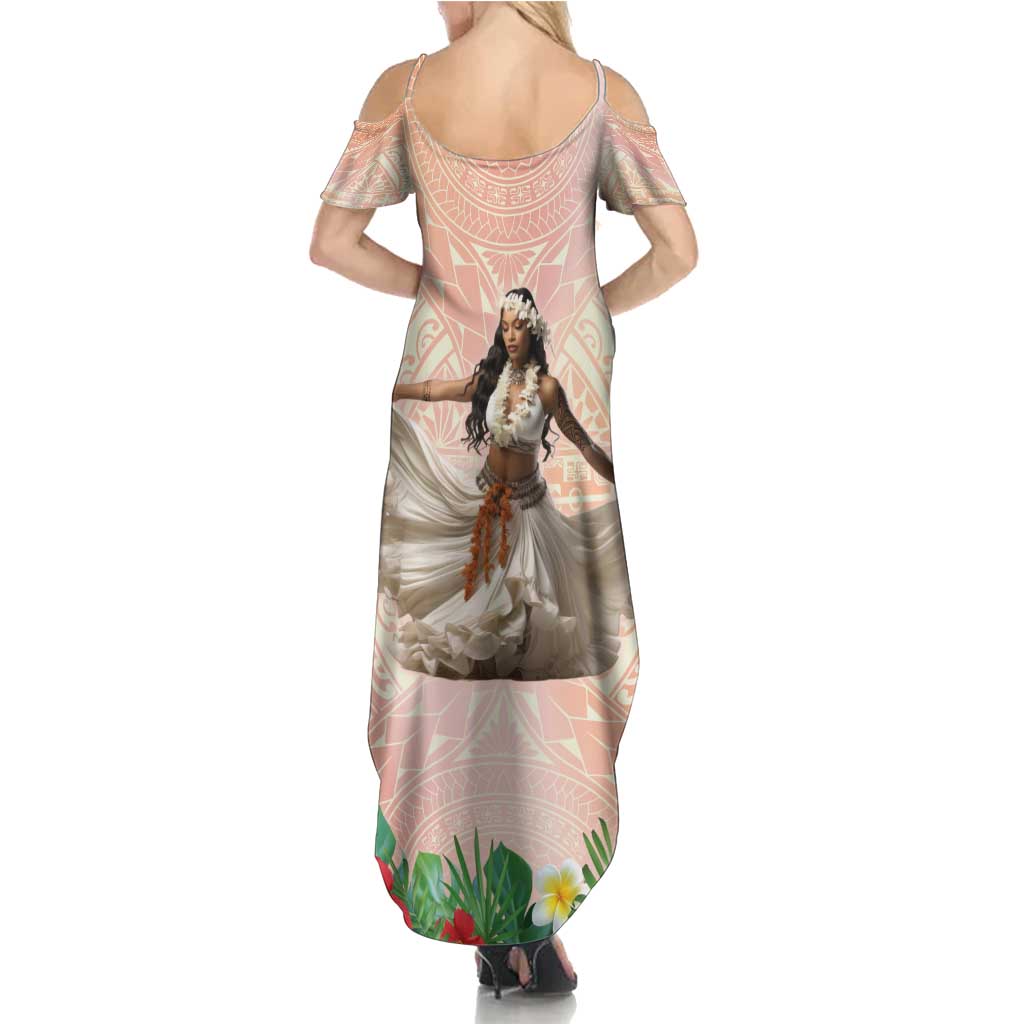 Woman Polynesian Tattoos Family Matching Summer Maxi Dress and Hawaiian Shirt Tropical Flower - Peach Fuzz Color LT03 - Polynesian Pride