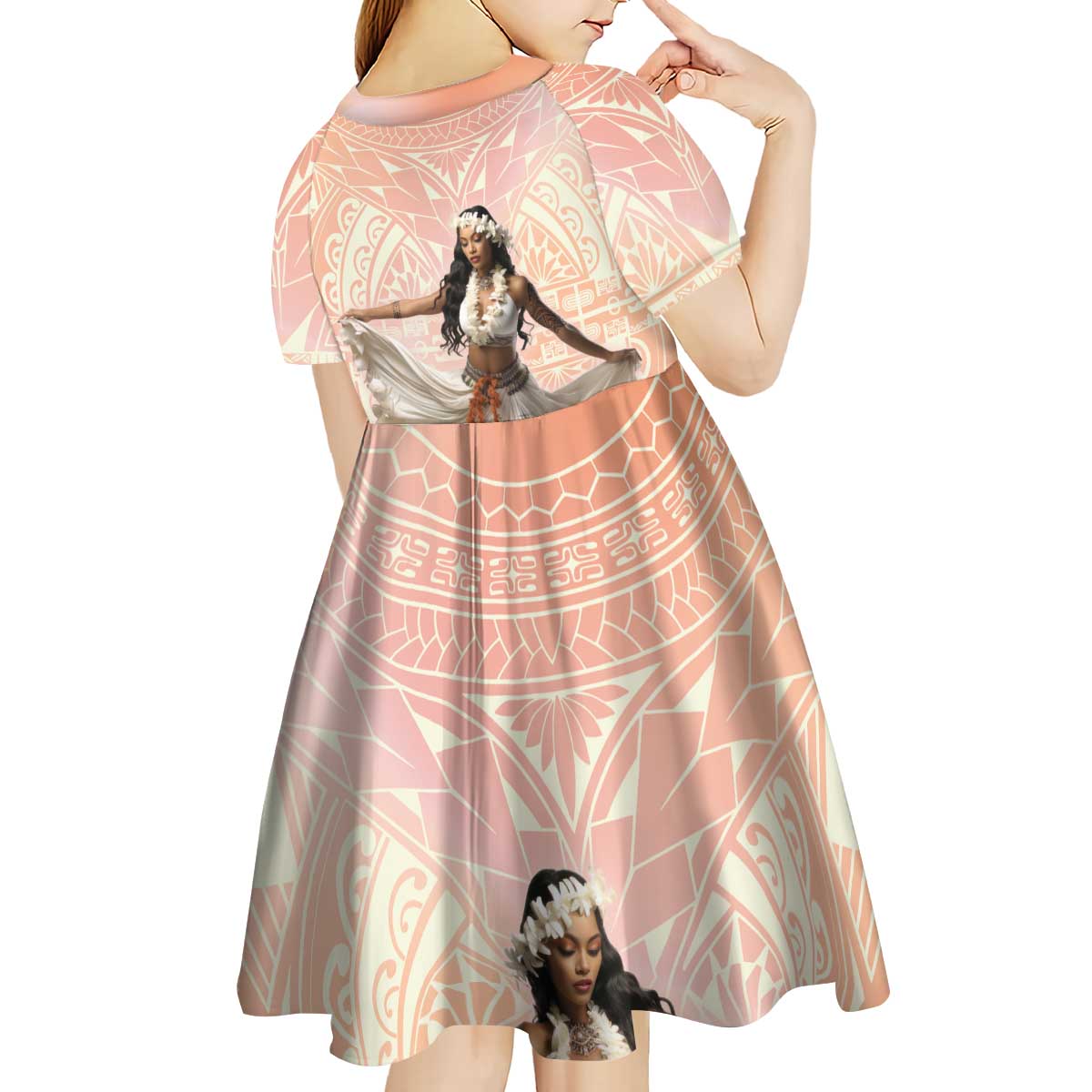 Woman Polynesian Tattoos Kid Short Sleeve Dress Tropical Flower - Peach Fuzz Color LT03 - Polynesian Pride
