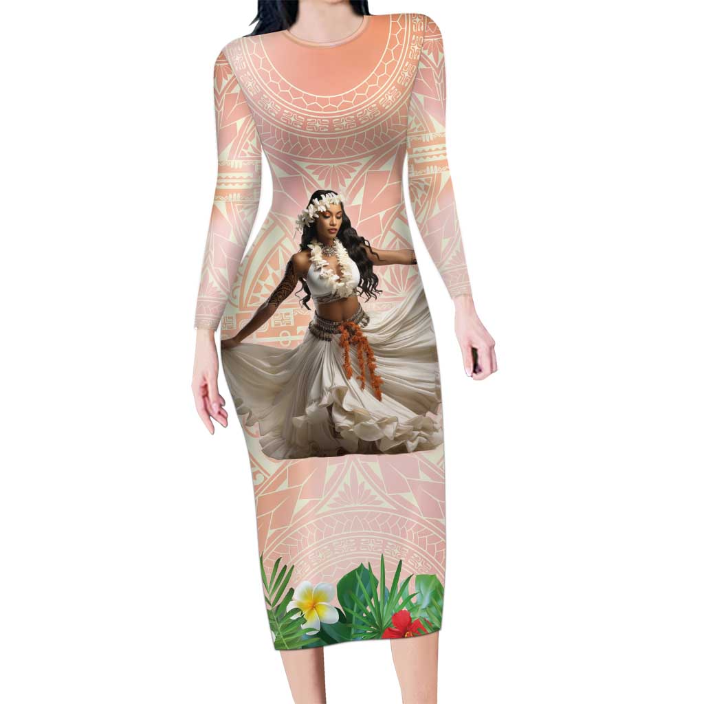 Woman Polynesian Tattoos Long Sleeve Bodycon Dress Tropical Flower - Peach Fuzz Color LT03 Long Dress Peach Fuzz - Polynesian Pride