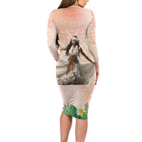 Woman Polynesian Tattoos Long Sleeve Bodycon Dress Tropical Flower - Peach Fuzz Color LT03 - Polynesian Pride