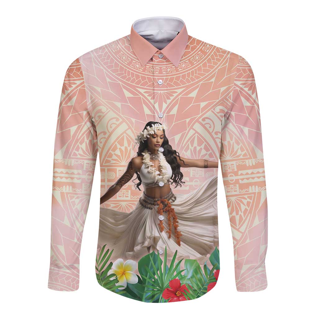 Woman Polynesian Tattoos Long Sleeve Button Shirt Tropical Flower - Peach Fuzz Color LT03 Unisex Peach Fuzz - Polynesian Pride