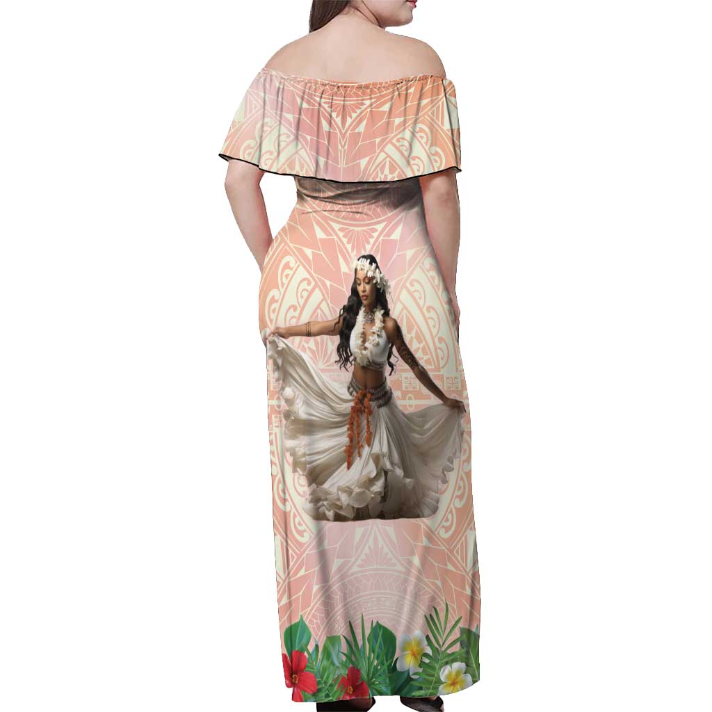 Woman Polynesian Tattoos Off Shoulder Maxi Dress Tropical Flower - Peach Fuzz Color LT03 - Polynesian Pride