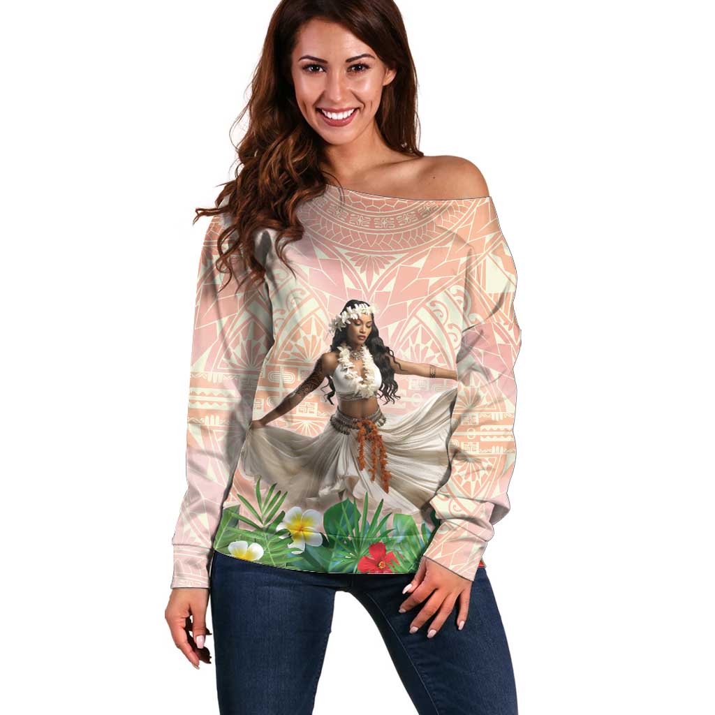 Woman Polynesian Tattoos Off Shoulder Sweater Tropical Flower - Peach Fuzz Color LT03 Women Peach Fuzz - Polynesian Pride