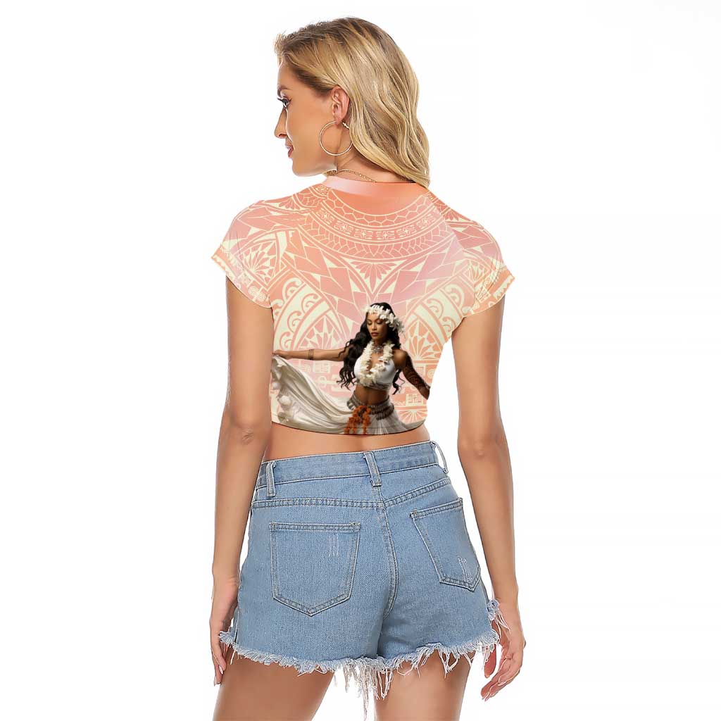 Woman Polynesian Tattoos Raglan Cropped T Shirt Tropical Flower - Peach Fuzz Color LT03 - Polynesian Pride