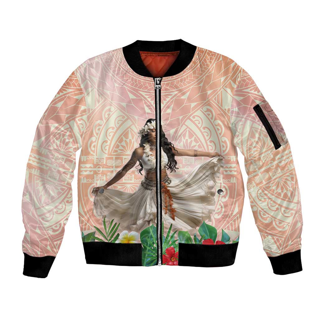 Woman Polynesian Tattoos Sleeve Zip Bomber Jacket Tropical Flower - Peach Fuzz Color LT03 Unisex Peach Fuzz - Polynesian Pride