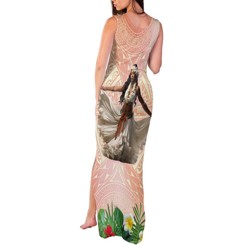 Woman Polynesian Tattoos Tank Maxi Dress Tropical Flower - Peach Fuzz Color LT03 - Polynesian Pride