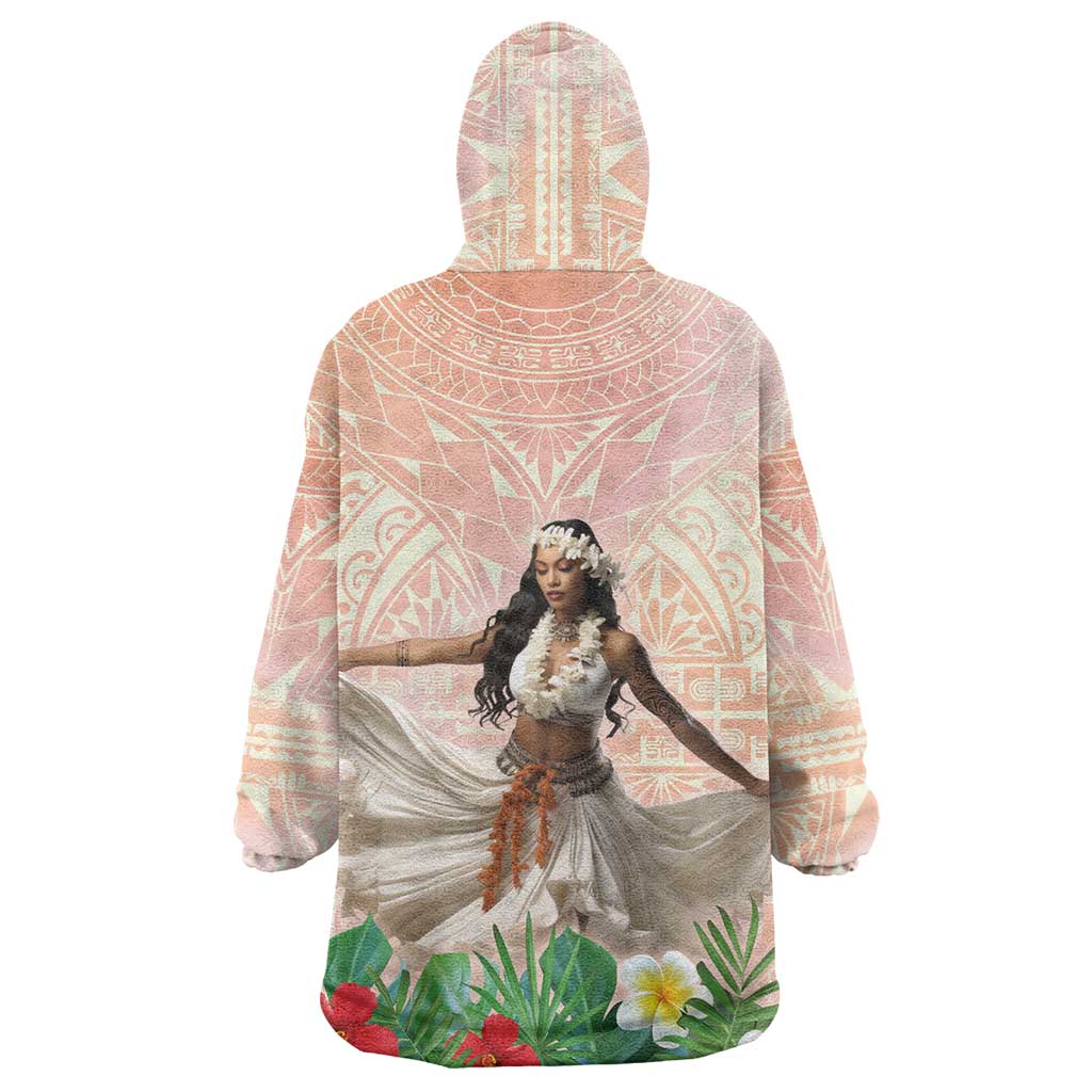 Woman Polynesian Tattoos Wearable Blanket Hoodie Tropical Flower - Peach Fuzz Color LT03 - Polynesian Pride