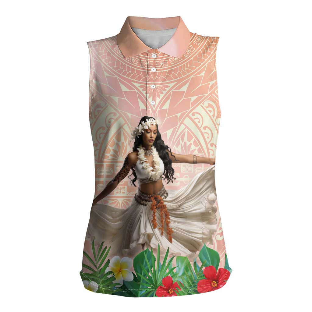 Woman Polynesian Tattoos Women Sleeveless Polo Shirt Tropical Flower - Peach Fuzz Color LT03 Female Peach Fuzz - Polynesian Pride