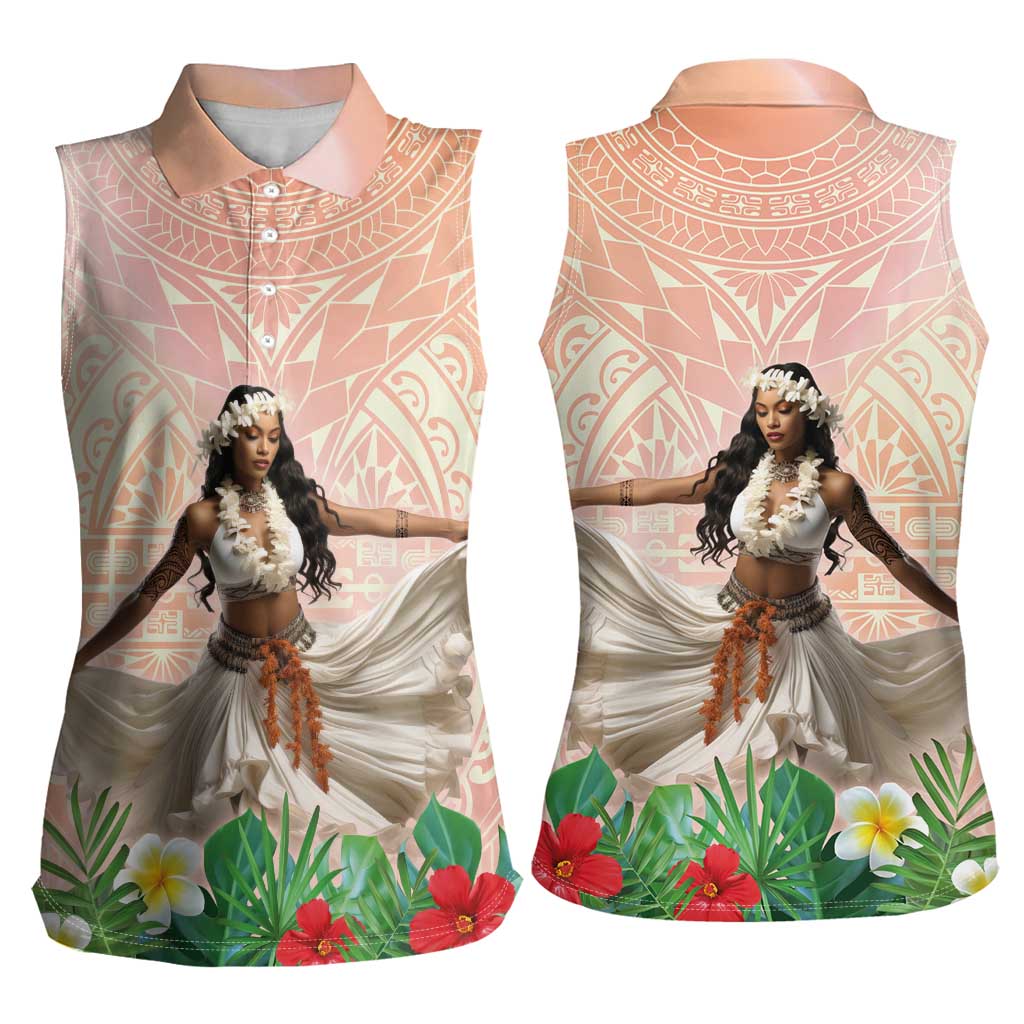 Woman Polynesian Tattoos Women Sleeveless Polo Shirt Tropical Flower - Peach Fuzz Color LT03 - Polynesian Pride