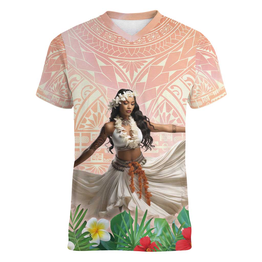Woman Polynesian Tattoos Women V-Neck T-Shirt Tropical Flower - Peach Fuzz Color LT03 Female Peach Fuzz - Polynesian Pride