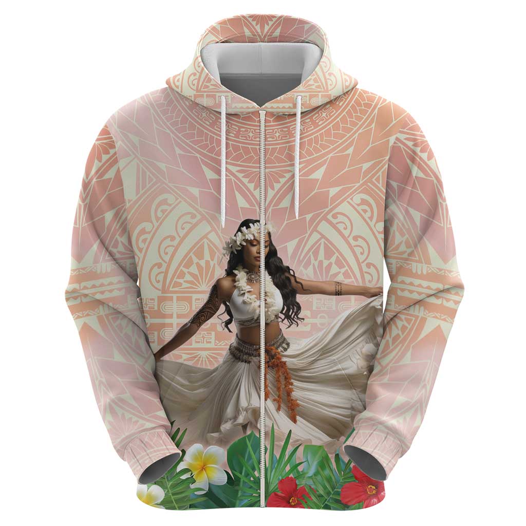 Woman Polynesian Tattoos Zip Hoodie Tropical Flower - Peach Fuzz Color LT03 - Polynesian Pride