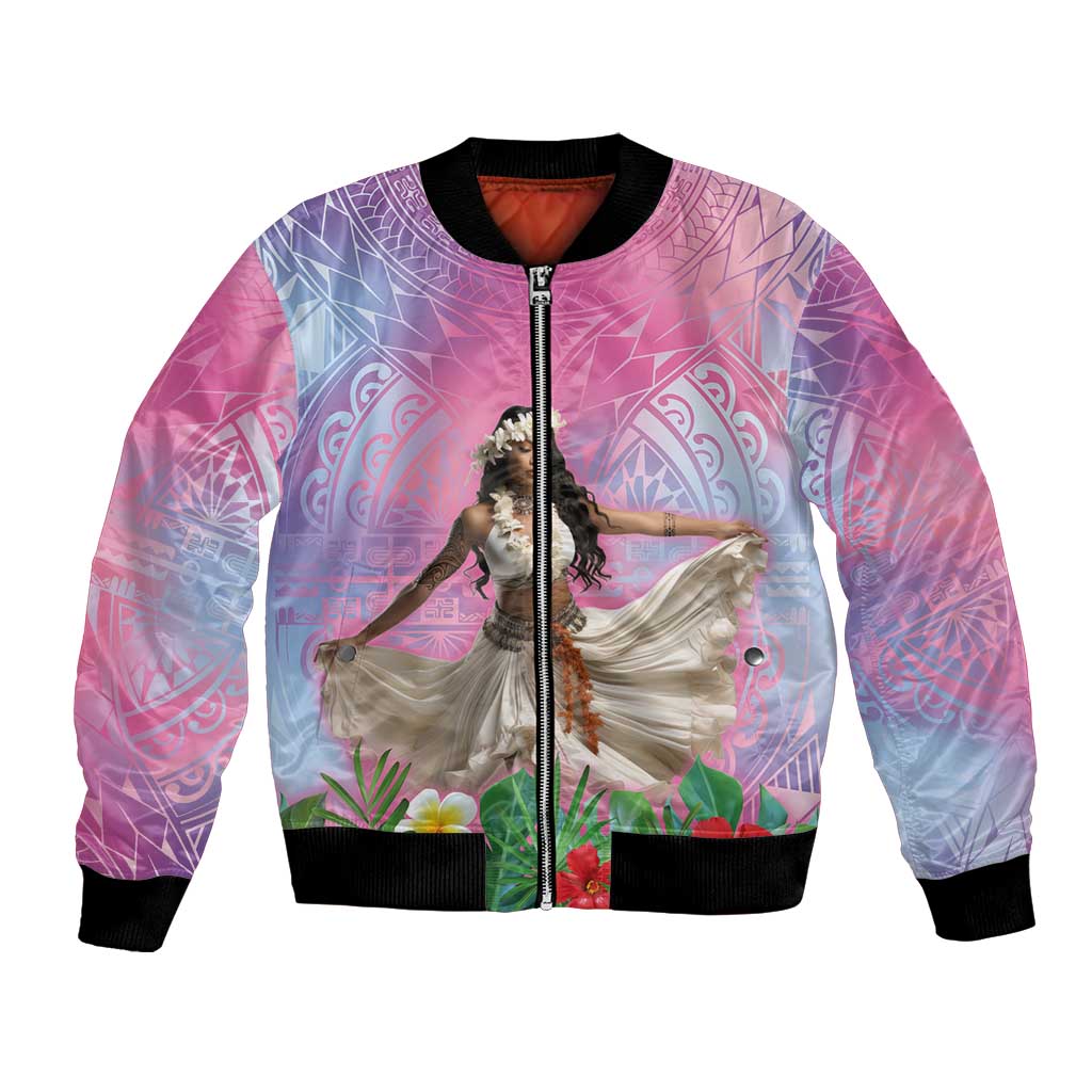 Woman Polynesian Tattoos Bomber Jacket Tropical Flower - Sweets Vibrant Color LT03 Unisex Vibrant Gradient - Polynesian Pride