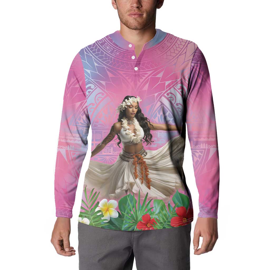 Woman Polynesian Tattoos Button Sweatshirt Tropical Flower - Sweets Vibrant Color
