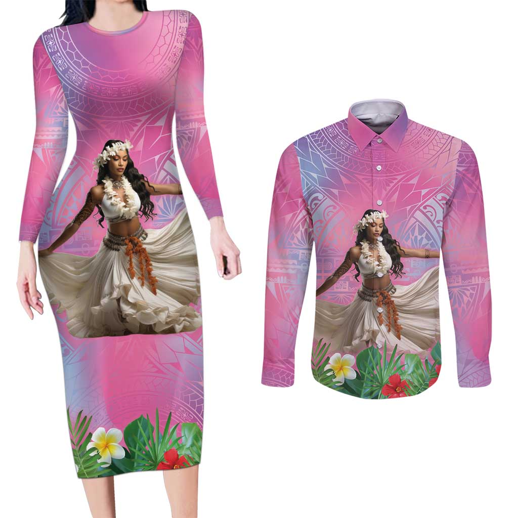 Woman Polynesian Tattoos Couples Matching Long Sleeve Bodycon Dress and Long Sleeve Button Shirt Tropical Flower - Sweets Vibrant Color LT03 Vibrant Gradient - Polynesian Pride