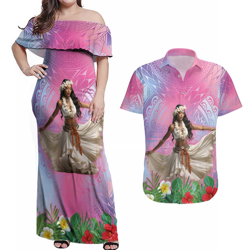 Woman Polynesian Tattoos Couples Matching Off Shoulder Maxi Dress and Hawaiian Shirt Tropical Flower - Sweets Vibrant Color LT03 Vibrant Gradient - Polynesian Pride