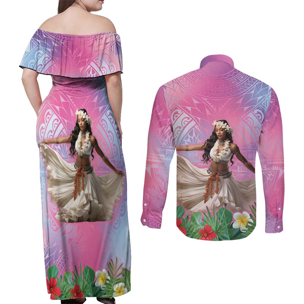 Woman Polynesian Tattoos Couples Matching Off Shoulder Maxi Dress and Long Sleeve Button Shirt Tropical Flower - Sweets Vibrant Color LT03 - Polynesian Pride