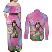 Woman Polynesian Tattoos Couples Matching Off Shoulder Maxi Dress and Long Sleeve Button Shirt Tropical Flower - Sweets Vibrant Color LT03 - Polynesian Pride