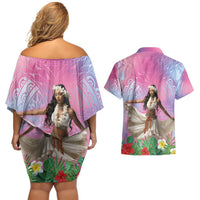 Woman Polynesian Tattoos Couples Matching Off Shoulder Short Dress and Hawaiian Shirt Tropical Flower - Sweets Vibrant Color LT03 - Polynesian Pride