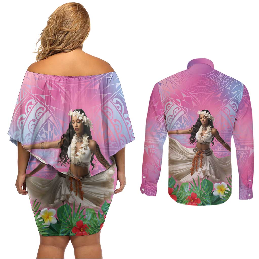 Woman Polynesian Tattoos Couples Matching Off Shoulder Short Dress and Long Sleeve Button Shirt Tropical Flower - Sweets Vibrant Color LT03 - Polynesian Pride
