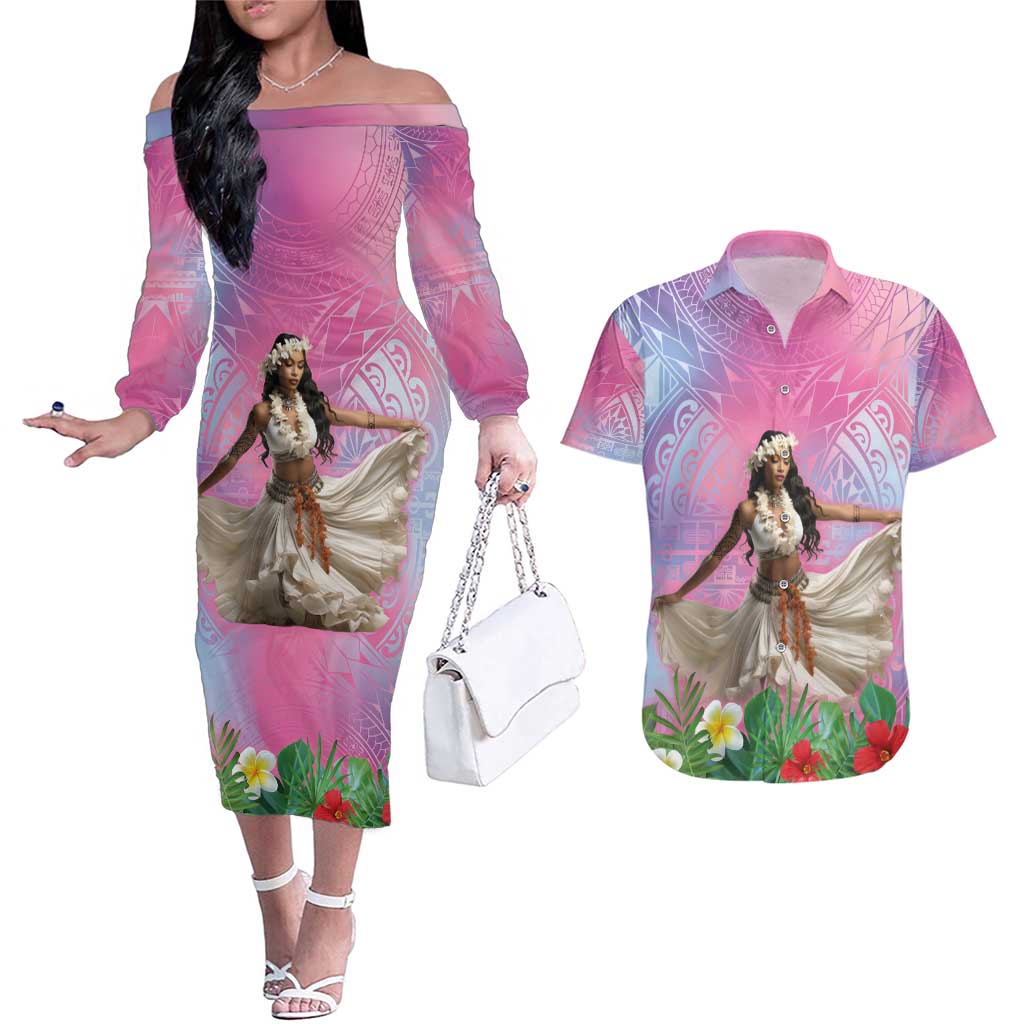 Woman Polynesian Tattoos Couples Matching Off The Shoulder Long Sleeve Dress and Hawaiian Shirt Tropical Flower - Sweets Vibrant Color LT03 Vibrant Gradient - Polynesian Pride