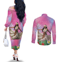 Woman Polynesian Tattoos Couples Matching Off The Shoulder Long Sleeve Dress and Long Sleeve Button Shirt Tropical Flower - Sweets Vibrant Color LT03 - Polynesian Pride