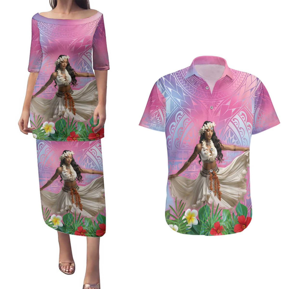Woman Polynesian Tattoos Couples Matching Puletasi and Hawaiian Shirt Tropical Flower - Sweets Vibrant Color LT03 Vibrant Gradient - Polynesian Pride