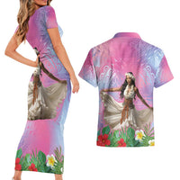 Woman Polynesian Tattoos Couples Matching Short Sleeve Bodycon Dress and Hawaiian Shirt Tropical Flower - Sweets Vibrant Color LT03 - Polynesian Pride