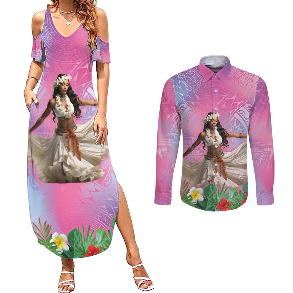Woman Polynesian Tattoos Couples Matching Summer Maxi Dress and Long Sleeve Button Shirt Tropical Flower - Sweets Vibrant Color LT03 Vibrant Gradient - Polynesian Pride